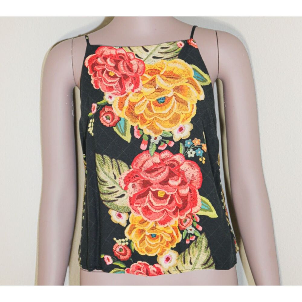 Farm Rio Black Floral Print Crop Top Small Cami Boho Tropical Festival Summer